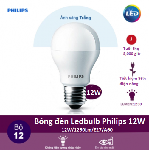 Hộp 12 bóng đèn Led Bulb Philips 12W/6500K ánh sáng trắng